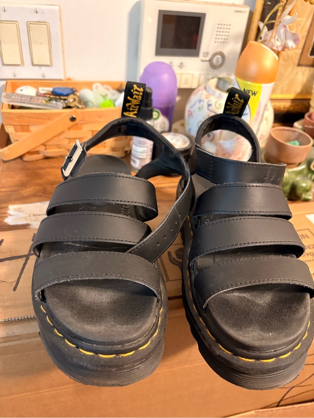 Dr. Martens Black Strappy Kids Sandals with Yellow Stitching